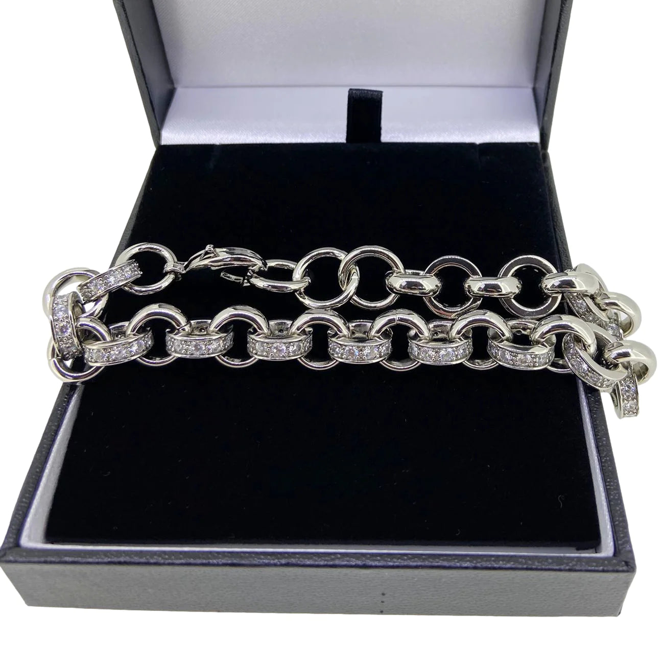 10MM SILVER ALTERNATE PATTERN BELCHER BRACELET WITH STONES