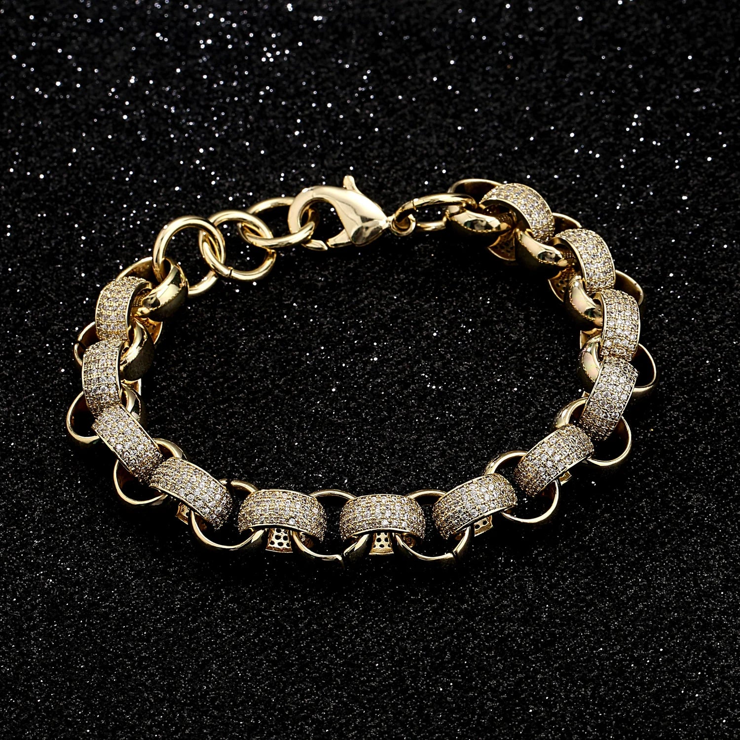 12MM GOLD ALTERNATE PATTERN BELCHER BRACELET WITH STONES