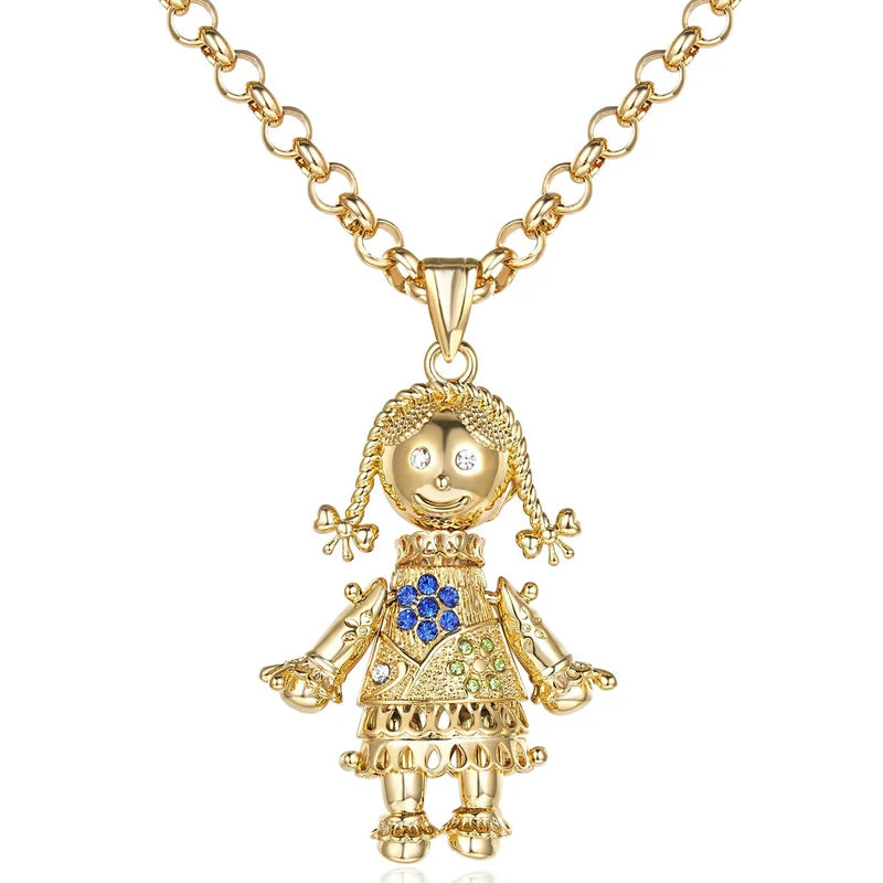 RAG DOLL PENDANT WITH 5.5MM GOLD SMOOTH BELCHER CHAIN - BLUE STONES