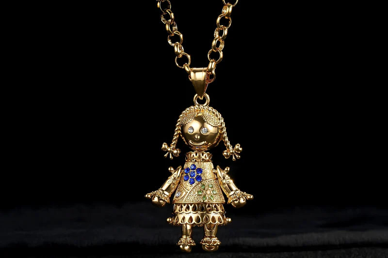 RAG DOLL PENDANT WITH 5.5MM GOLD SMOOTH BELCHER CHAIN - BLUE STONES