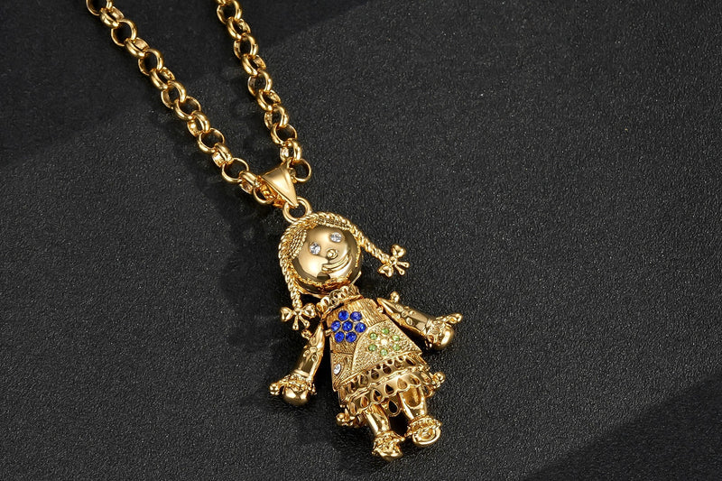 RAG DOLL PENDANT WITH 5.5MM GOLD SMOOTH BELCHER CHAIN - BLUE STONES