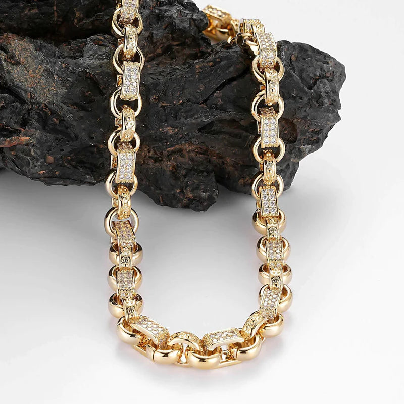 GOLD 10MM GYPSY LINK BELCHER CHAIN WITH ALBERT CLASP