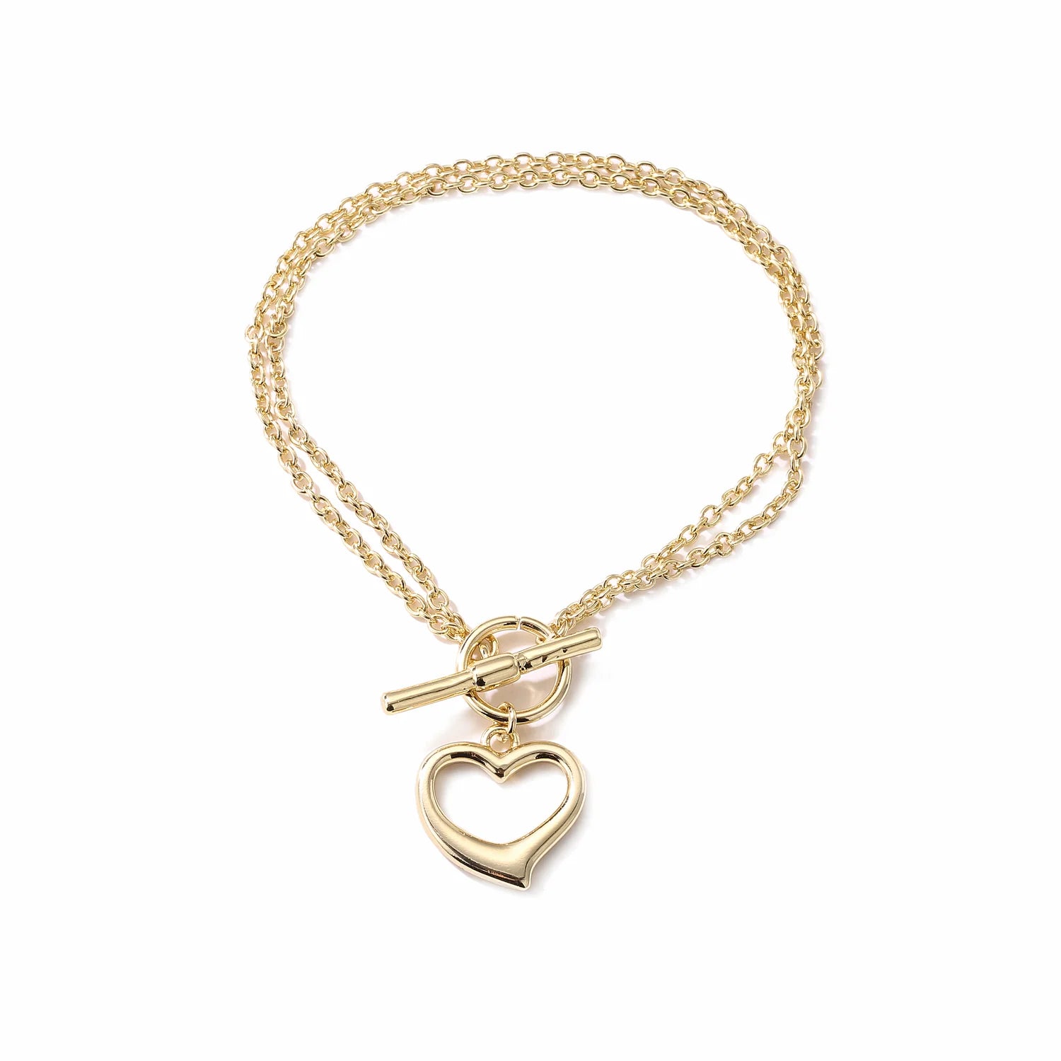 GOLD DOUBLE BRACELET WITH HEART CHARM T-BAR