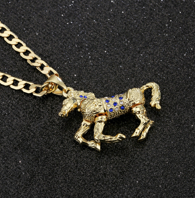 GOLD HORSE PENDANT WITH BLUE STONES AND CUBAN CHAIN