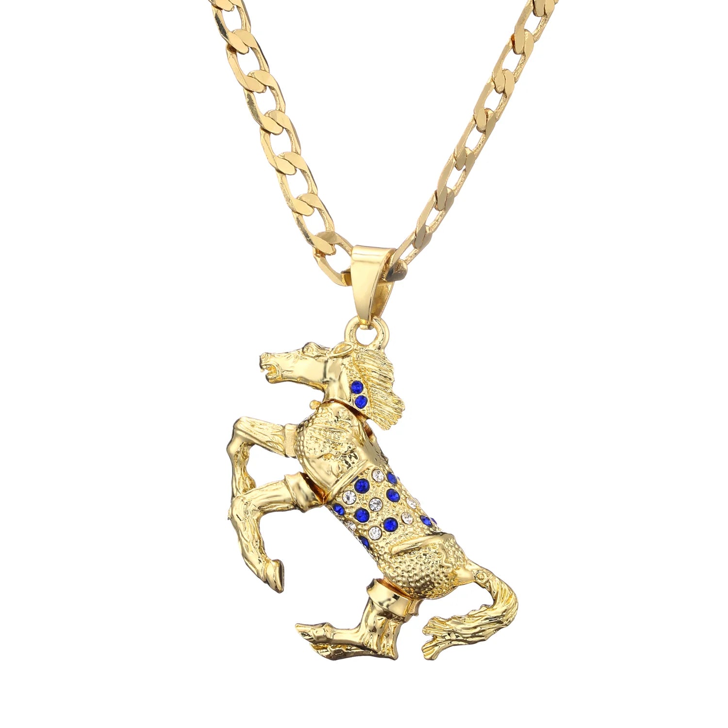 GOLD HORSE PENDANT WITH BLUE STONES AND CUBAN CHAIN