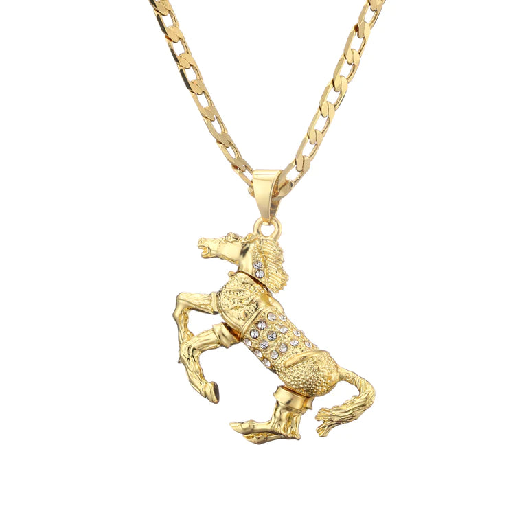 GOLD HORSE PENDANT WITH CLEAR STONES AND CUBAN CHAIN