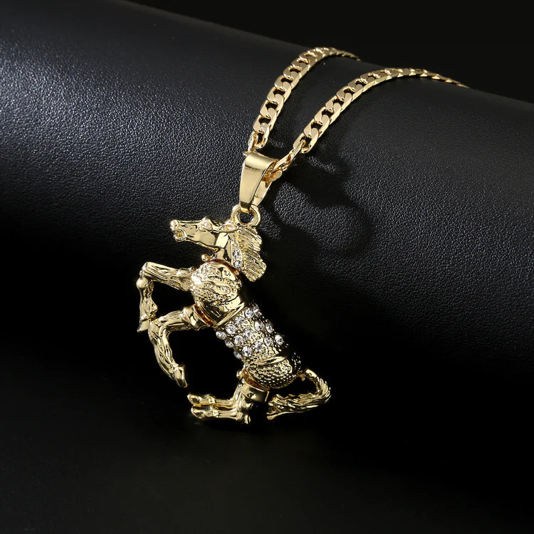 GOLD HORSE PENDANT WITH CLEAR STONES AND CUBAN CHAIN