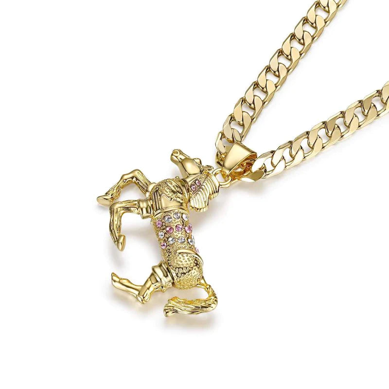 GOLD HORSE PENDANT WITH PINK STONES AND CUBAN CHAIN