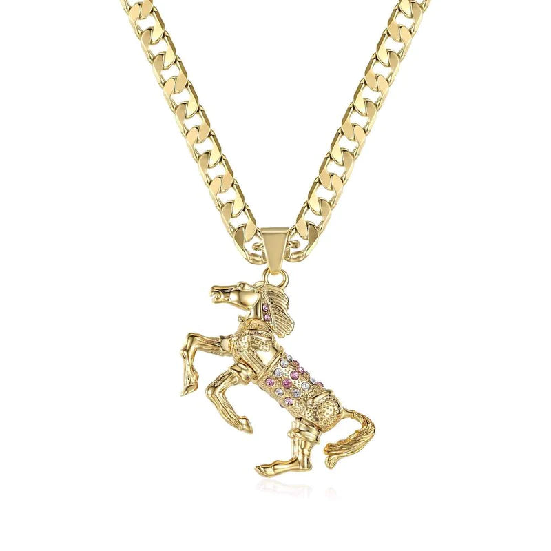 GOLD HORSE PENDANT WITH PINK STONES AND CUBAN CHAIN