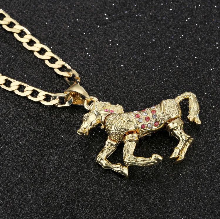 GOLD HORSE PENDANT WITH PINK STONES AND CUBAN CHAIN