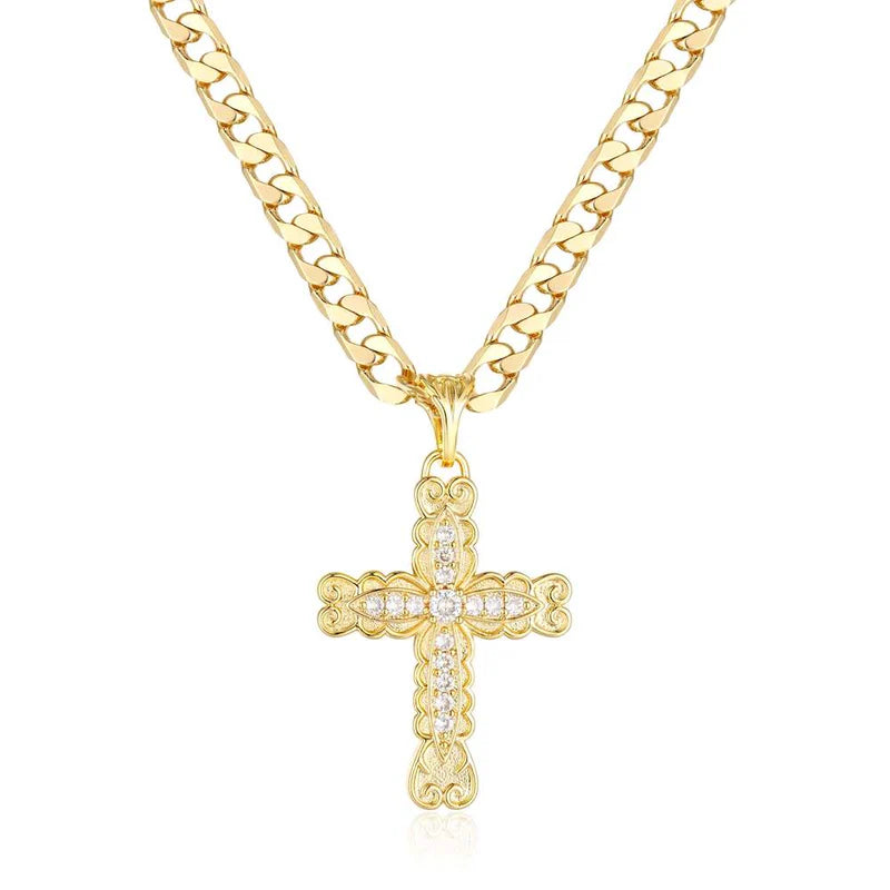 GOLD ORNATE CROSS PENDANT WITH STONES