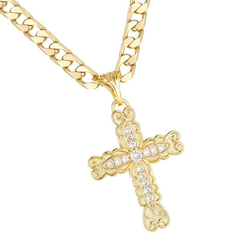 GOLD ORNATE CROSS PENDANT WITH STONES