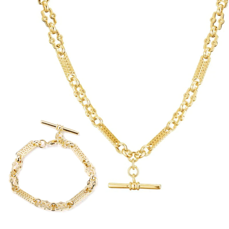 GOLD STARS AND BARS T-BAR CHAIN NECKLACE AND BRACELET SET