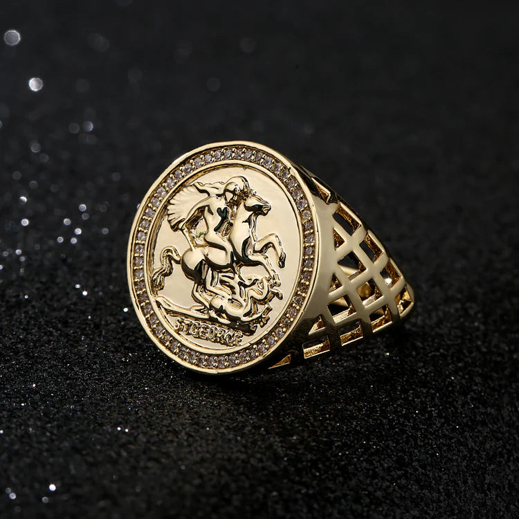 GOLD ST GEORGE SOVEREIGN RING WITH STONES