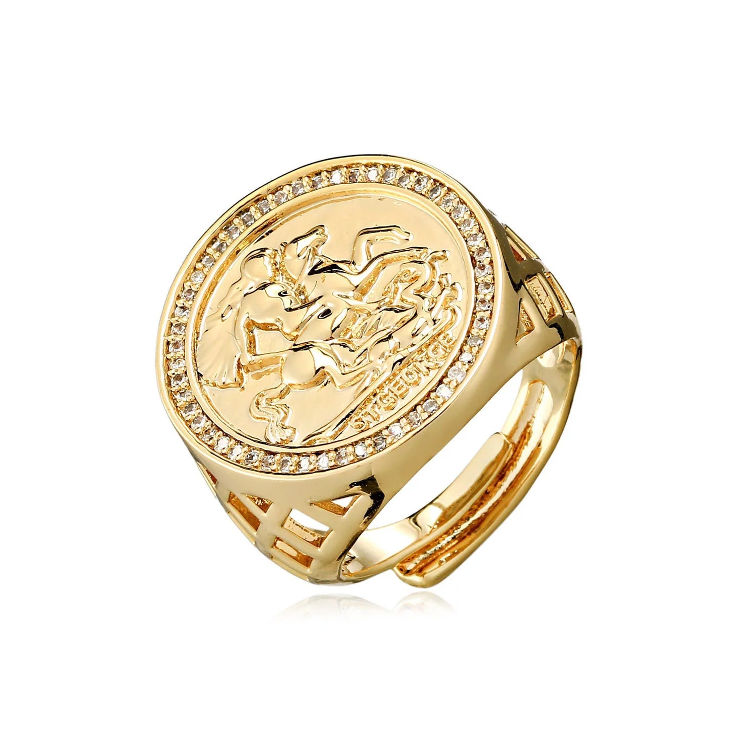 GOLD ST GEORGE SOVEREIGN RING WITH STONES