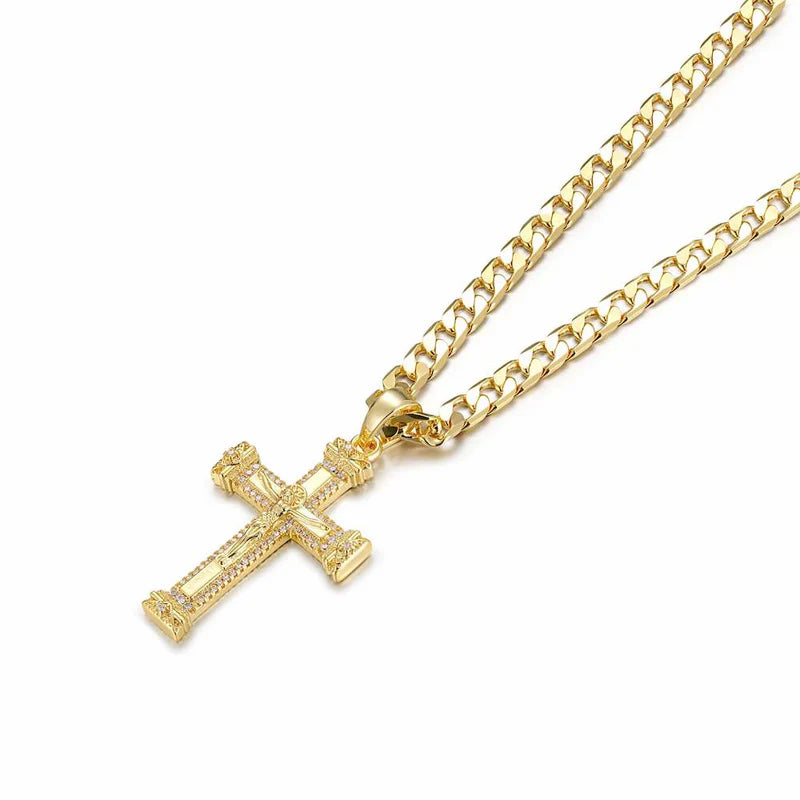 Heavy Gold Jesus Cross Crucifix Pendant with Stones