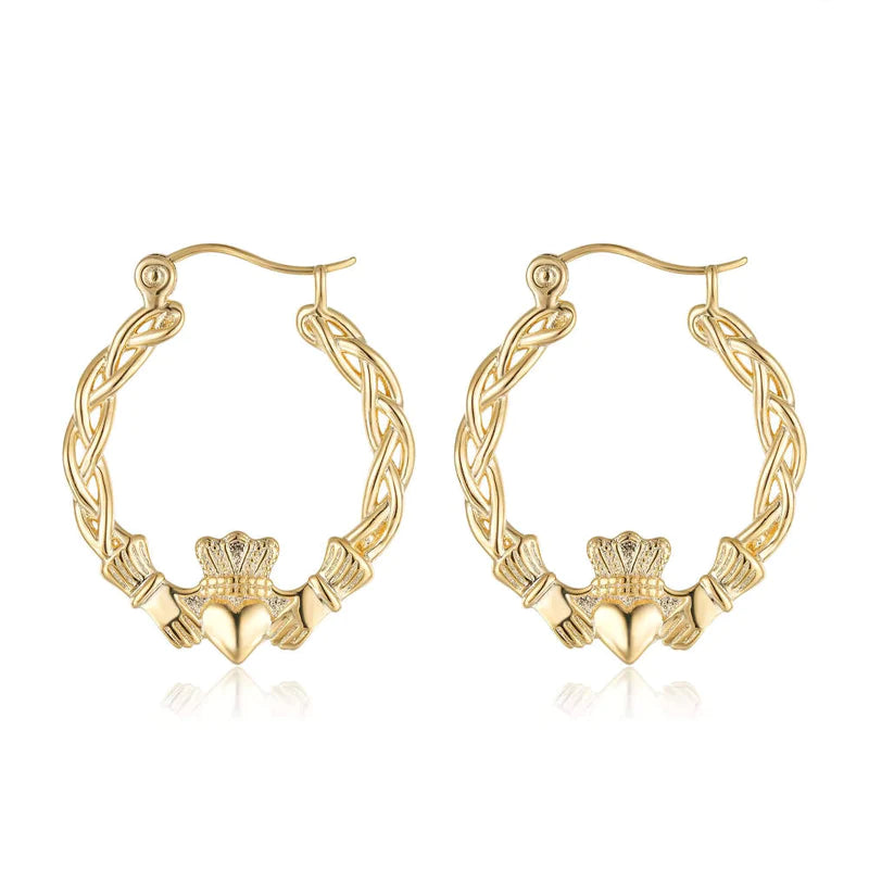 PREMIUM GOLD 40MM CLADDAGH HOOP EARRINGS WITH STONES