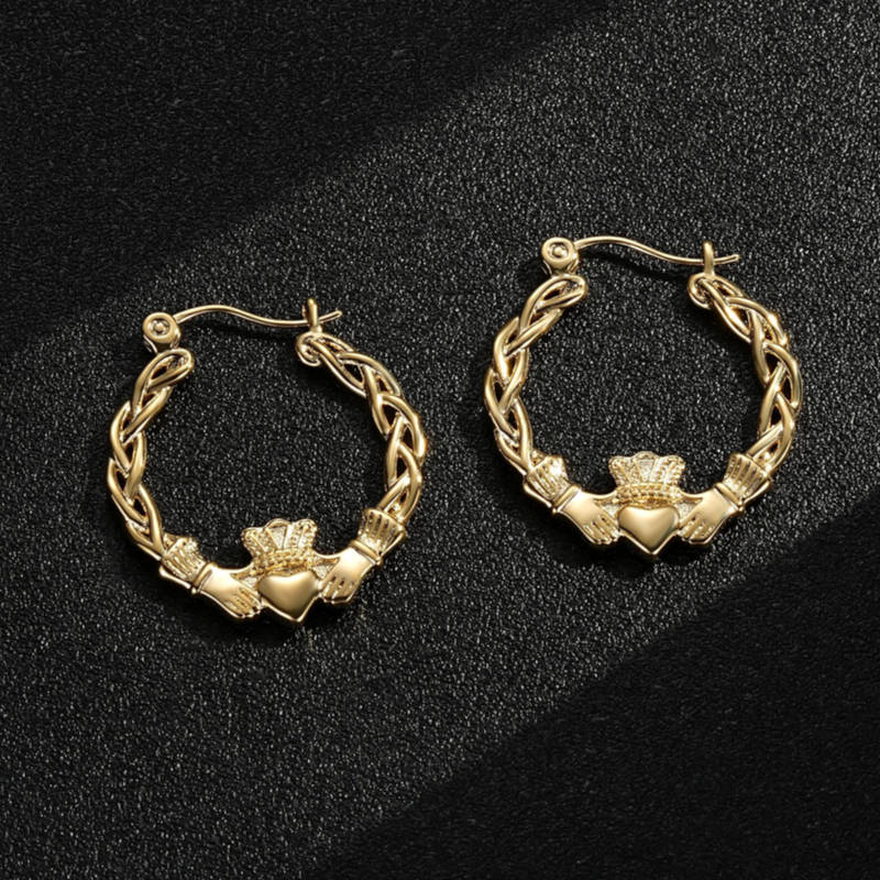 PREMIUM GOLD 40MM CLADDAGH HOOP EARRINGS WITH STONES