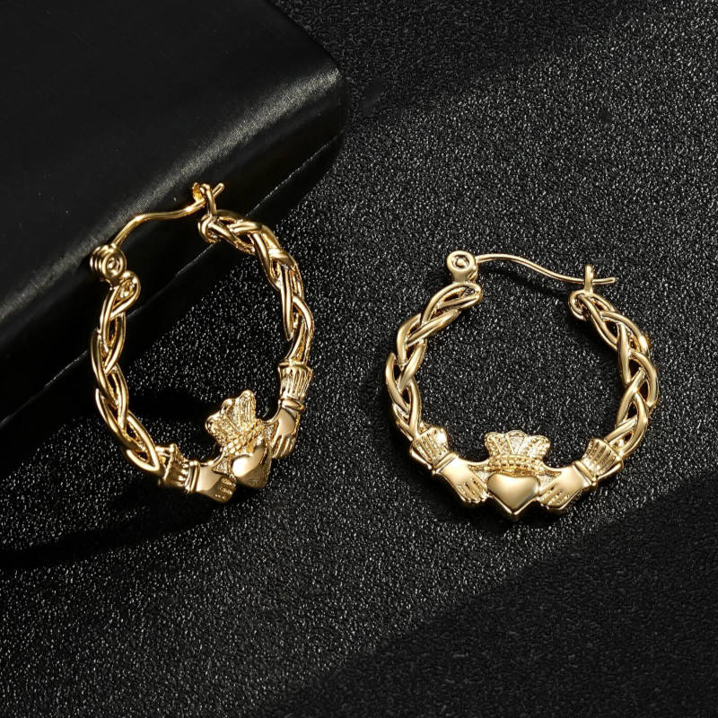 PREMIUM GOLD 40MM CLADDAGH HOOP EARRINGS WITH STONES