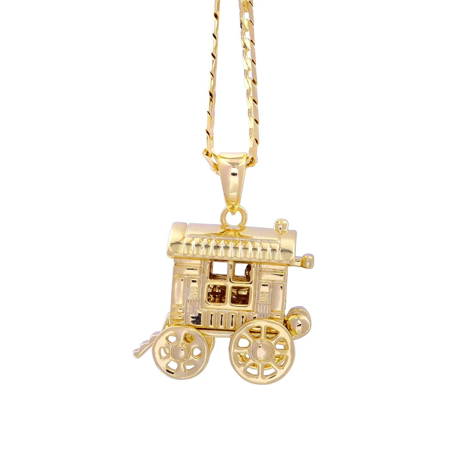 LARGE GOLD GYPSY WAGON CARAVAN 3D PENDANT