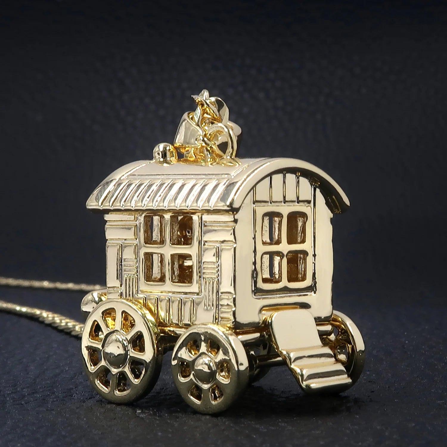 LARGE GOLD GYPSY WAGON CARAVAN 3D PENDANT