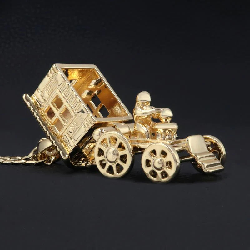 LARGE GOLD GYPSY WAGON CARAVAN 3D PENDANT