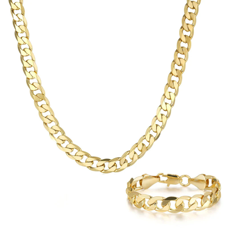 LUXURY GOLD 9MM CUBAN CURB CHAIN AND BRACELET SET (6 & 16 INCHES)