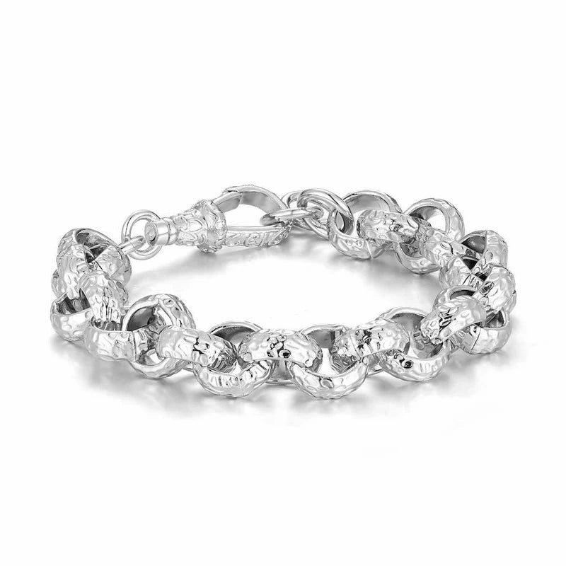 LUXURY SILVER 12MM DIAMOND PATTERNED BELCHER BRACELET WITH ALBERT CLASP