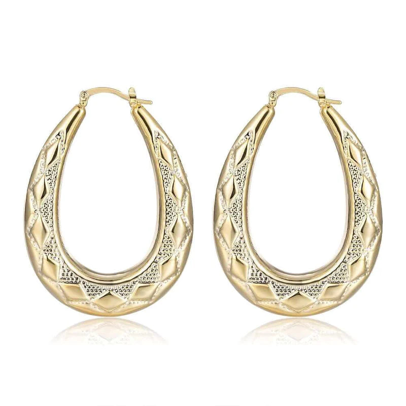 PREMIUM GOLD 50MM OVAL DIAMOND PATTERN CREOLE HOOP EARRINGS