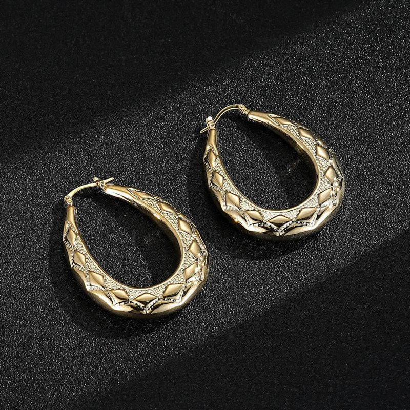 PREMIUM GOLD 50MM OVAL DIAMOND PATTERN CREOLE HOOP EARRINGS