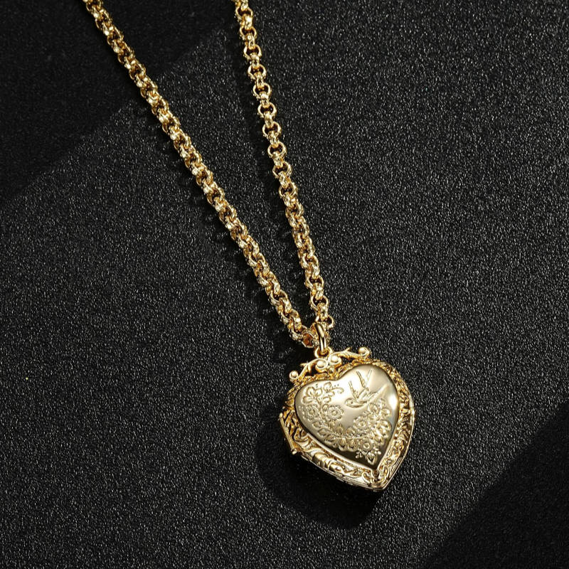 PREMIUM GOLD HEART LOCKET WITH BIRD AND FLOWERS