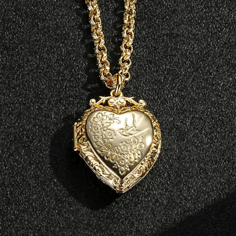 PREMIUM GOLD HEART LOCKET WITH BIRD AND FLOWERS