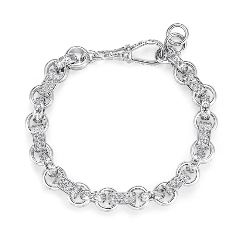 SILVER 10MM GYPSY LINK WITH STONES BELCHER BRACELET WITH ALBERT CLASP