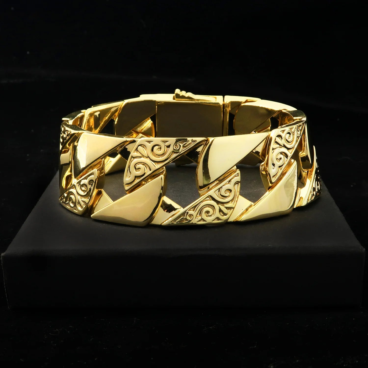 UPGRADED HEAVY XXL 24MM GOLD ORNATE ETCHED SQUARE CUBAN CURB BRACELET