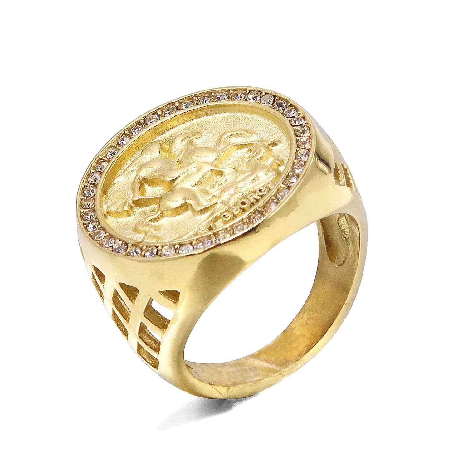 WATERPROOF GOLD ST GEORGE SOVEREIGN RING WITH STONES WITH SIZES