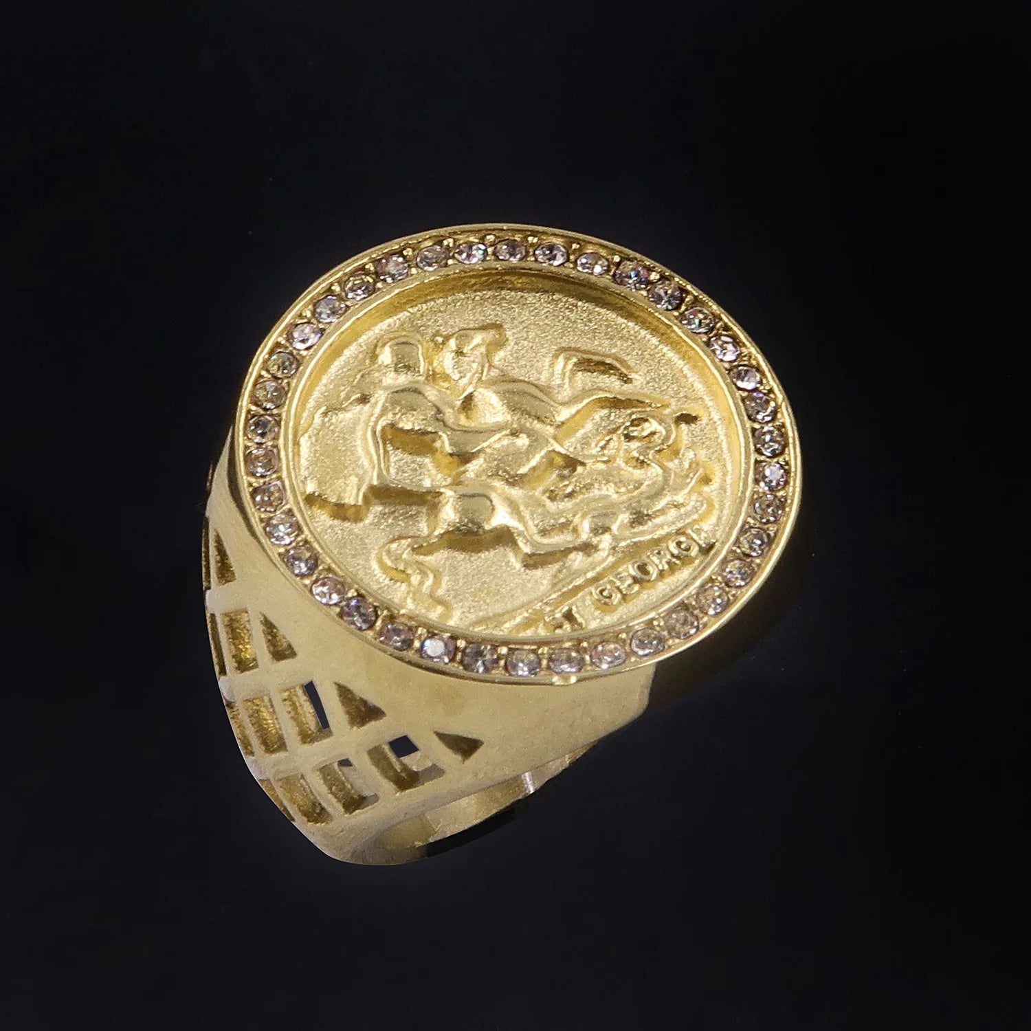 WATERPROOF GOLD ST GEORGE SOVEREIGN RING WITH STONES WITH SIZES