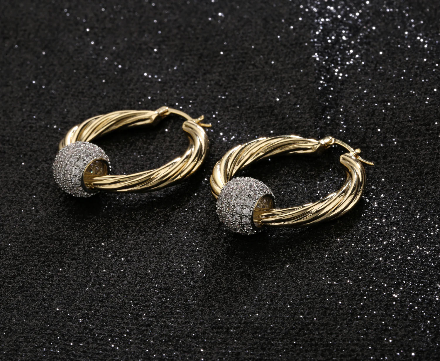 GOLD LARGE HOOP EARRINGS WITH DISCO BALL